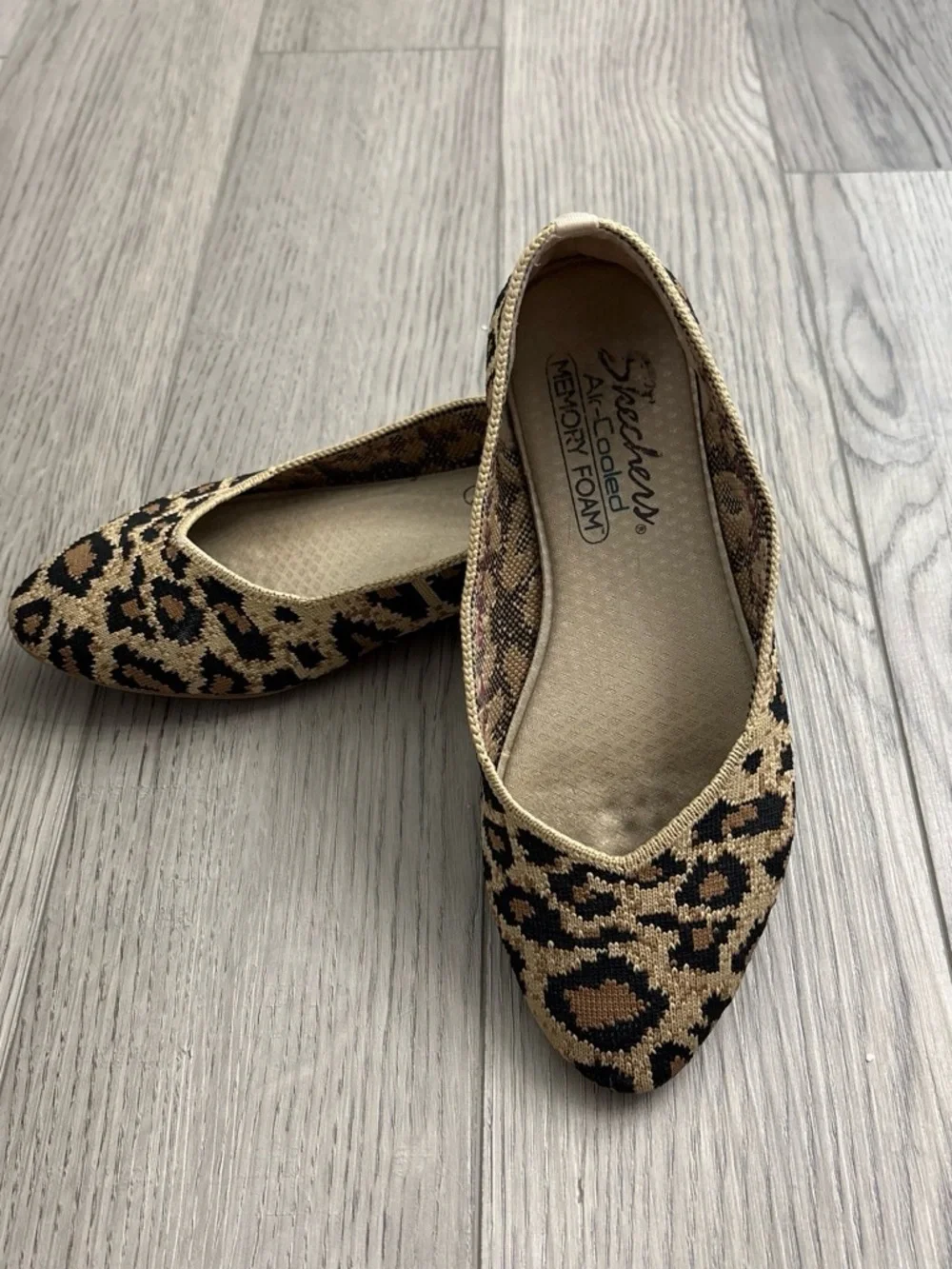 Skechers Women's Leopard Print Slip-On Ballet Flats in Tan and Black